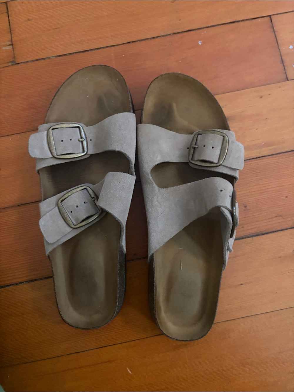 Men's Suede Double-Buckle Slide Sandals in Taupe